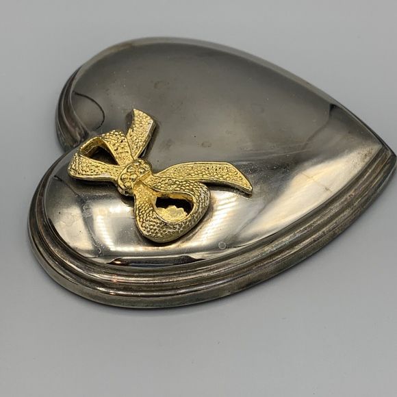 Vtg Metal Silver Toned Heart Trinket Box Blue Lining Jewely Box Gold Tone Bow - Picture 16 of 16
